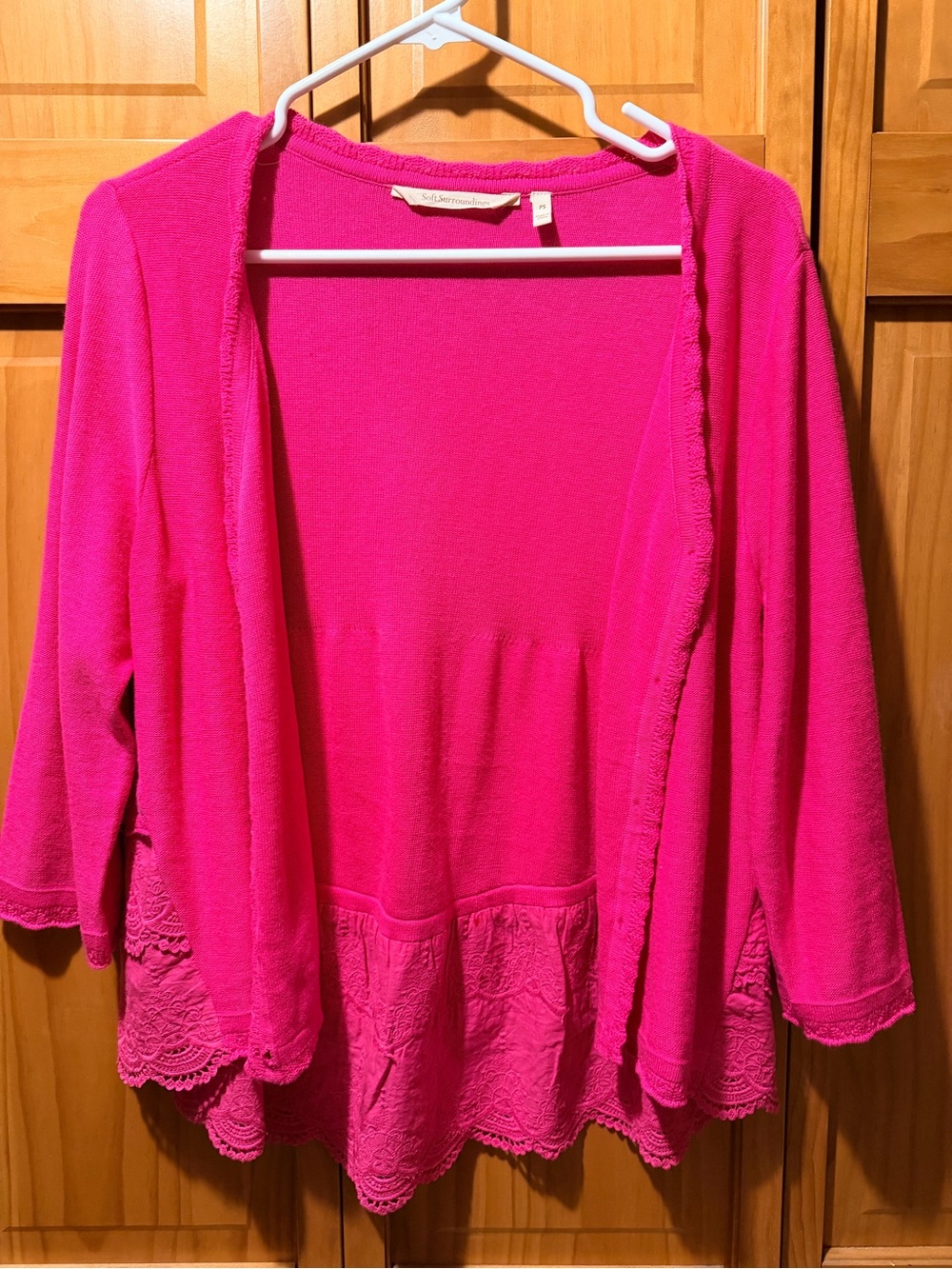 Soft Surroundings Bright Pink Open-Front Lace Hem Cardigan